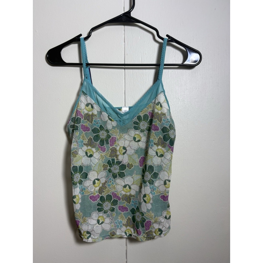 GAP Body Cami Tank Top M Floral Y2K Sheer Lace Trim Green Blue Boho Romance
